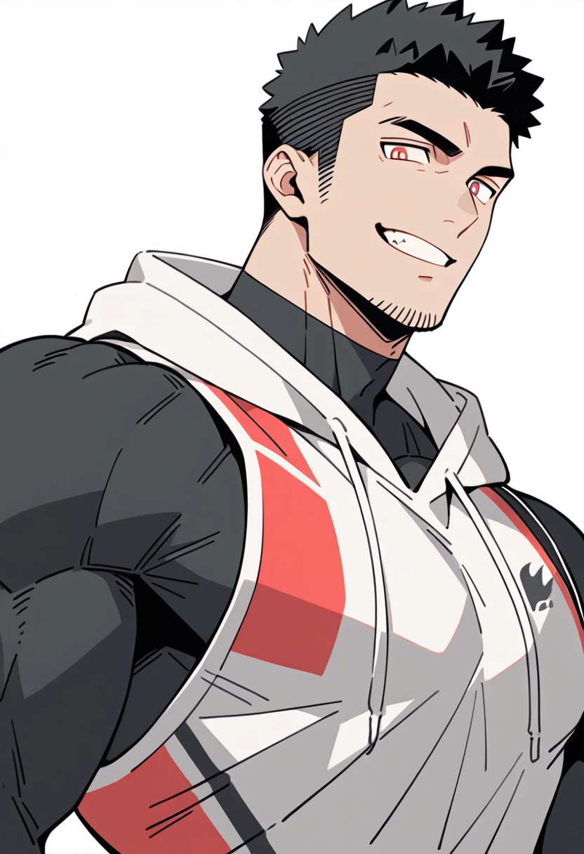 anime characters:Priapus, Black Black Skin Muscle Sports Student, Manliness, male focus, Sports tight hooded sweatshirt, Under Armour Brand, Wear a high-necked tights underneath, Very tight, Huge pectoral muscles, muscular male, muscular, only, Upper body, alone, Red short hair, Thick eyebrows, Stubble, Brown-red pupils, White background, Solid color background, Clean background, simple background, amazing quality, best aesthetics, Ridiculous, crew cut, smirk, bright pupils, grin, negative space, negative space, best quality