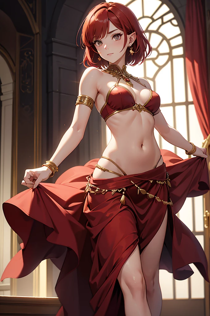 Will as a commoner, short bob "bright red" hair, brown eyes, slim body, slightly medium size-breast, slightly pointed ears dressed as a belly dancer, personality joy, standing in a room, solo, detailed hands, high delicate defined details, sharp focus, looking at viewer,
