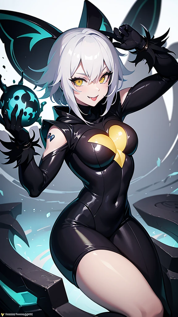 League of legends character riven in venom suit, white hair, yellow eyes, black suit, black bunny suit, venom suit, looking to the camera, smile, holding the camera, sexy body, tongue out, hentai face, hentai expression, hentai tongue, heart eyes, hentai eyes