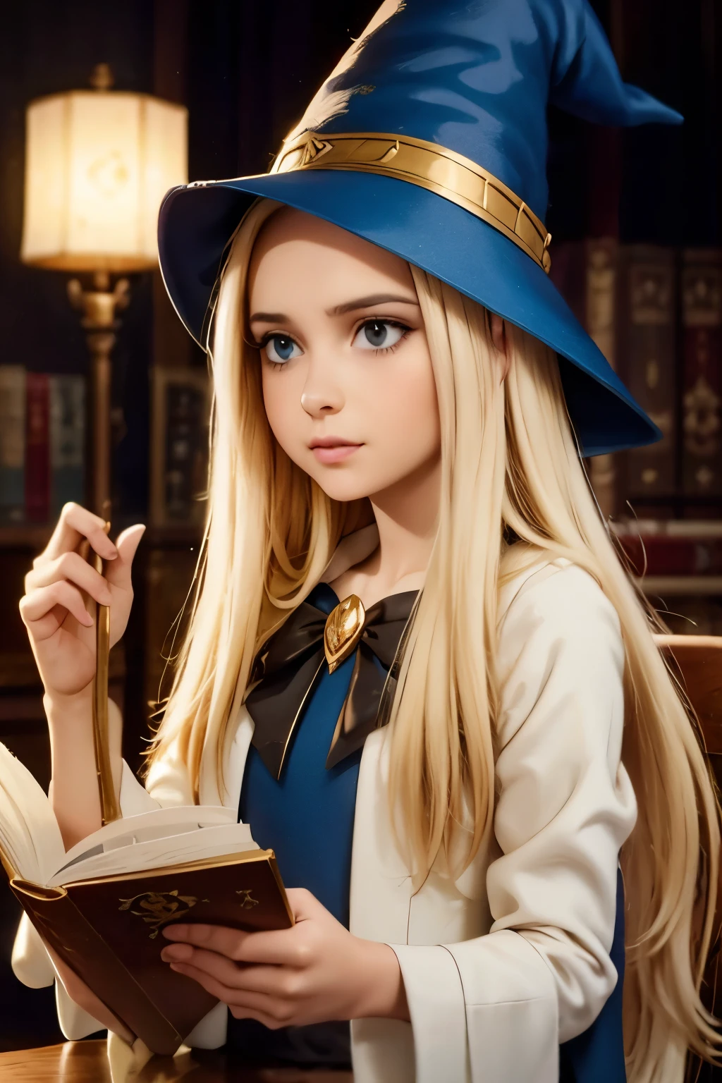 dark magician girl, masterpiece, best quality, (1girl), solo, (water), long hair, blonde hair, blue headwear, wizard hat, spell casting, castle, castle:2, motion blur, book, magic, (moonlight:1.2), chromatic aberration, depth of field, soft lighting, highly detailed face, highly detailed eyes, 