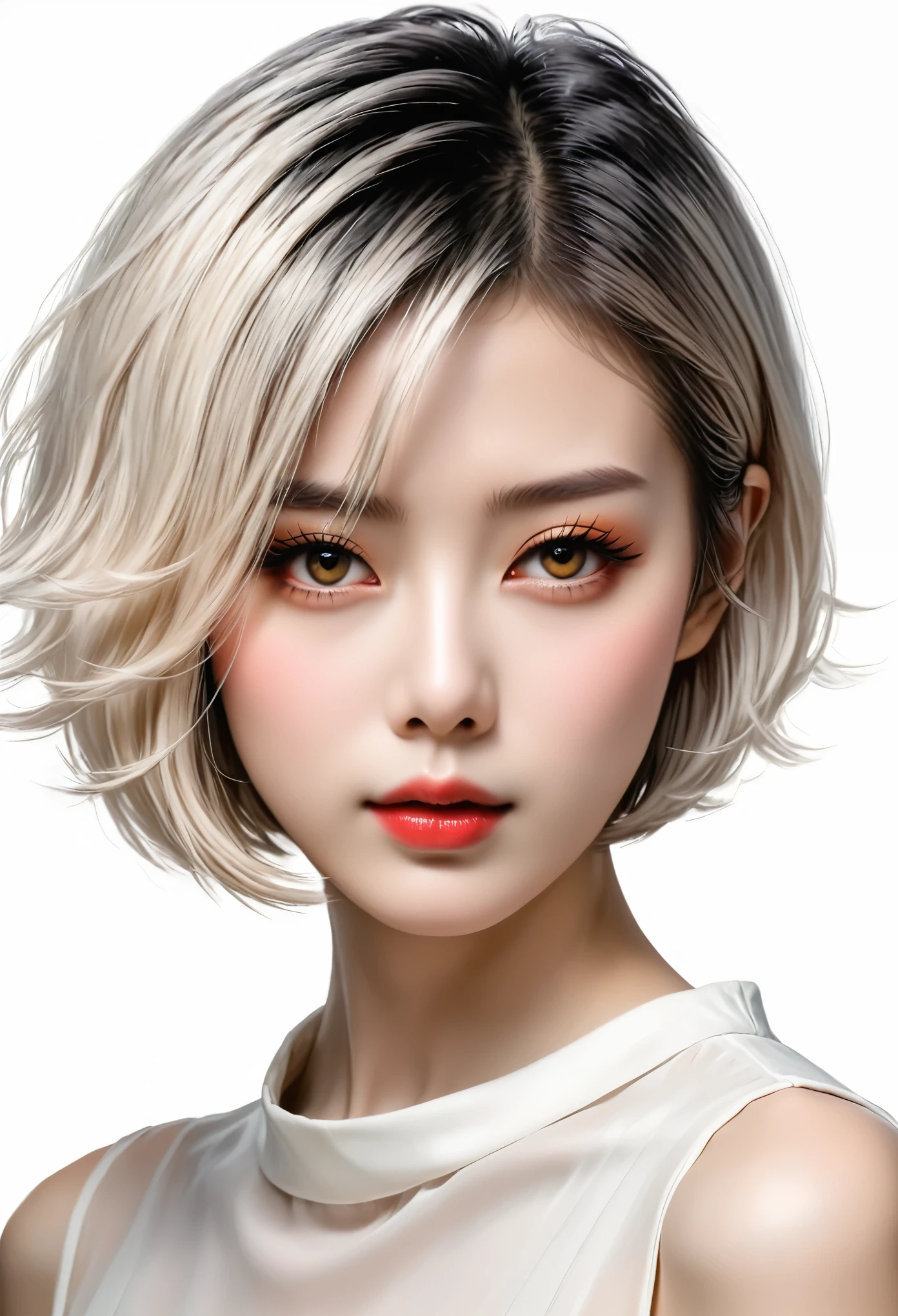 beautiful Japanese woman with short hair , white background
