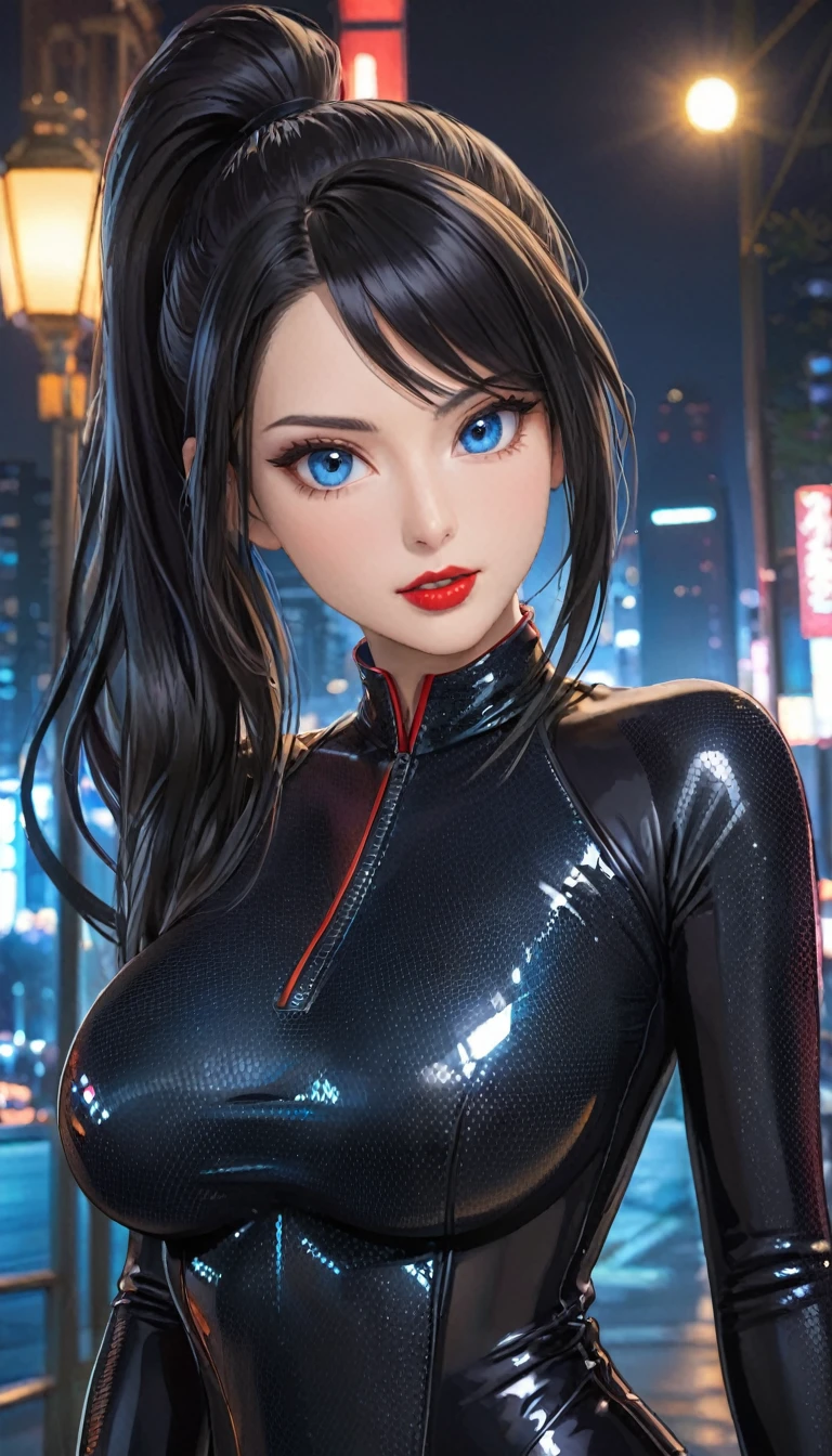 (masterpiece, Highest quality, 16K, 8k, ultra High resolution, Long Hair, Black Hair, blue eyes, ponytail, High resolution:1.0),Underlight effect, Light effect caused by reflection of a reflector , Haruhiko_One, Black jumpsuit, Compensate, Red lipstick, Red eyeshadow, Beautiful Face, The face of hyper detail, Hyper Detail Bodysuit, Zipper ajar, Cleavage, (((Big Breasts:1.2))), (((alone:1.5))), ((Mature Woman, Mature Woman, Age 35)), Gorgeous body, (((Upper Body, Half Body Shot:1.5))), ((Hyper Detail Eyeshadow, Hyper Detail Lipstick)), (((looking at the camera, Symmetric, Sharp focus, Intricate details, elegant, Concept Art, Background City Park, Cinematic))), (View directly:1.4),