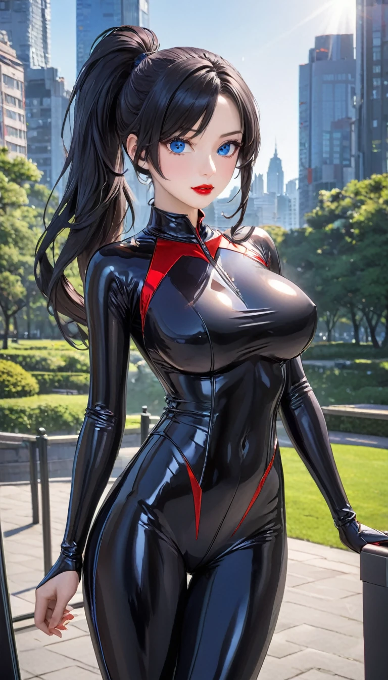 (masterpiece, Highest quality, 16K, 8k, ultra High resolution, Long Hair, Black Hair, blue eyes, ponytail, High resolution:1.0),Underlight effect, Light effect caused by reflection of a reflector , Haruhiko_One, Black jumpsuit, Compensate, Red lipstick, Red eyeshadow, Beautiful Face, The face of hyper detail, Hyper Detail Bodysuit, Zipper ajar, Cleavage, (((Big Breasts:1.2))), (((alone:1.5))), ((Mature Woman, Mature Woman, Age 35)), Gorgeous body, (((Upper Body, Half Body Shot:1.5))), ((Hyper Detail Eyeshadow, Hyper Detail Lipstick)), (((looking at the camera, Symmetric, Sharp focus, Intricate details, elegant, Concept Art, Background City Park, Cinematic))), (View directly:1.4),