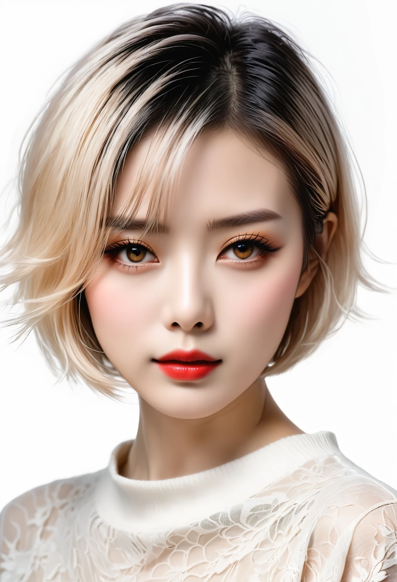 beautiful Japanese woman with short hair , white background