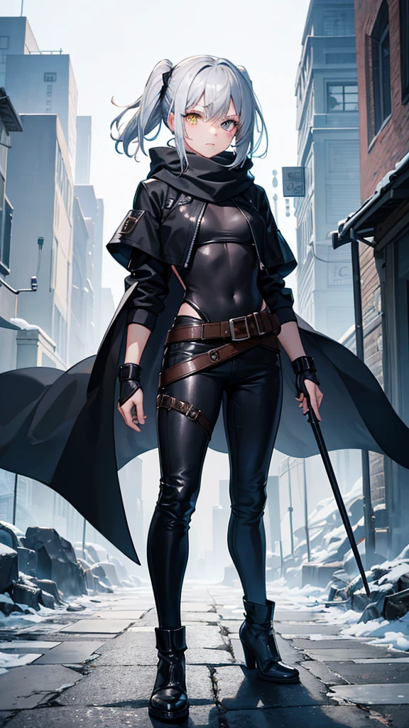 Artwork, Highest quality, High resolution, 1 girl, Synonym 1, scarf, short hair, Mitt, Ninja mask, Long sleeve, Leather pants, Gray Hair, Twin tails, Rogue clothing, Leather pants, Holding, Holding faca, Heterochromia iridis, Yellow Eyes, blue eyes, 14 year old, Hooded cloak, rogue Roleplaying, Roleplaying, Ninja, Remains, Medieval