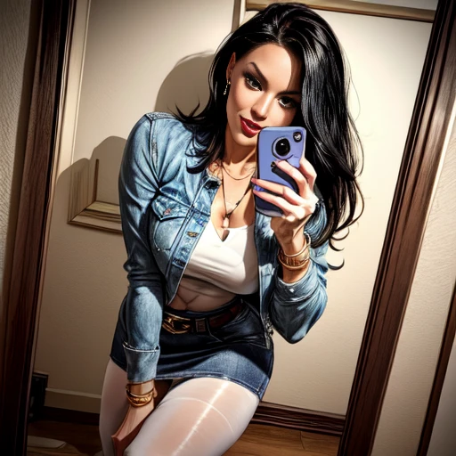 1 woman 30 years old, One, long straight black hair, bang,I look at the viewer, ( prostate massage) detailed eyes, shy smile,Jewelry, medium breast, earrings,belt, blue denim jacket over a fitted beige tee,mini skirt,sheer white tights,Over the knee boots, NECKLACE, bracelet, lips,((Selfie pose)),((Dynamic angle)),
