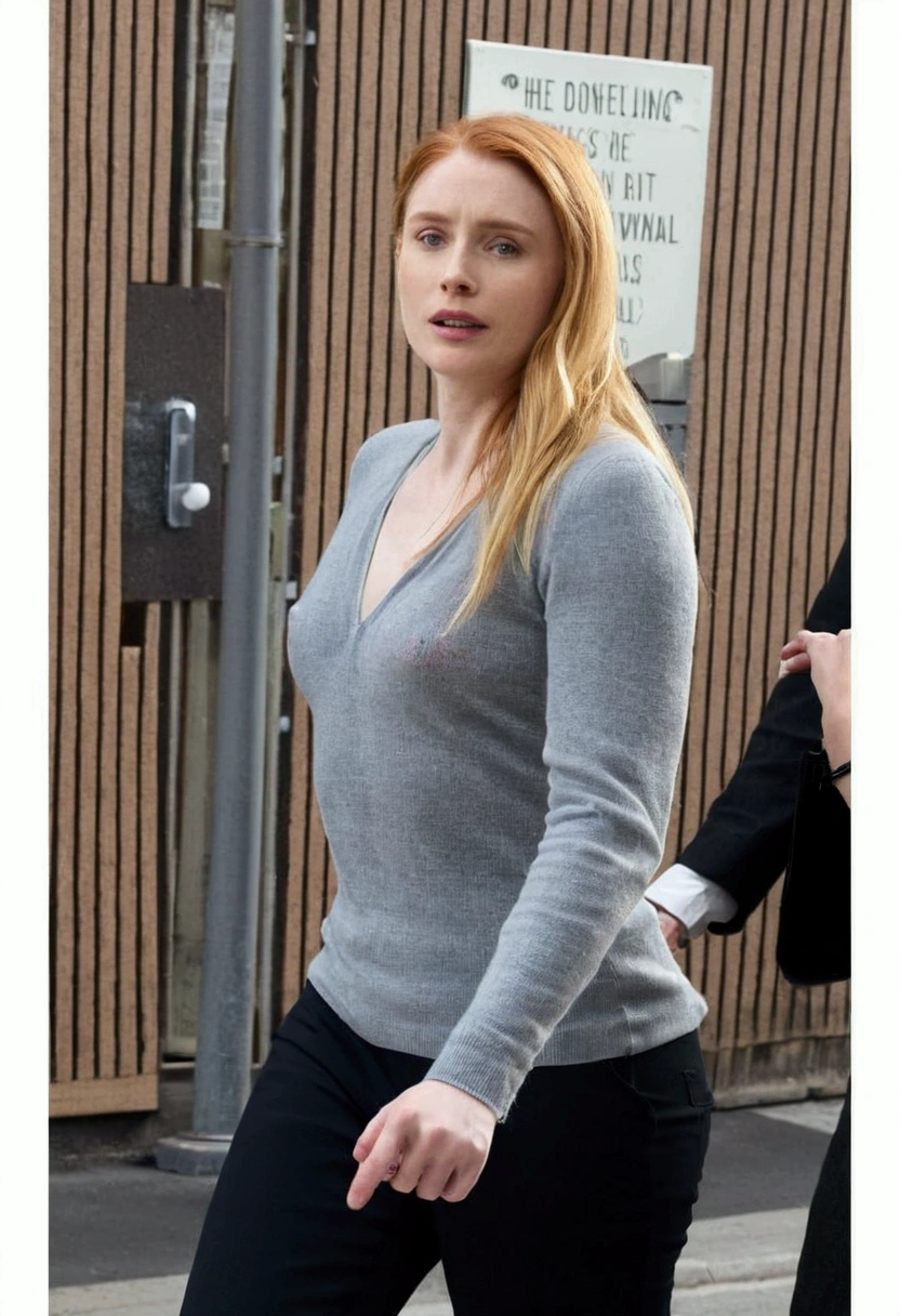arafed woman absolutely , big tking down a street, Bryce Dallas-Howard, chica sophie turner, nude, Gwen St pam from the office, jessica chatain, brit marling style 3/4, brit marling style 3 / 4, her red hair is in a ponytail, totally naked, pretty womy adams