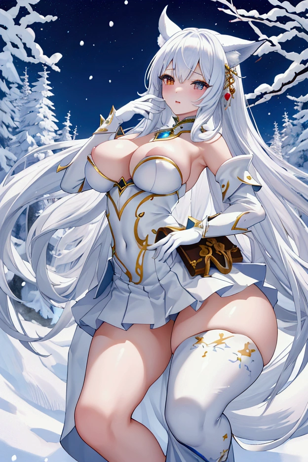 Highest quality, masterpiece, Ultra-high resolution, female、Big Breasts、Tied waist、White skin、Snow Fox Beastman、Kemomimi、tail、single、Clothing that accentuates the contours of the body、Short skirt、valley、fascinate、Hands on hips