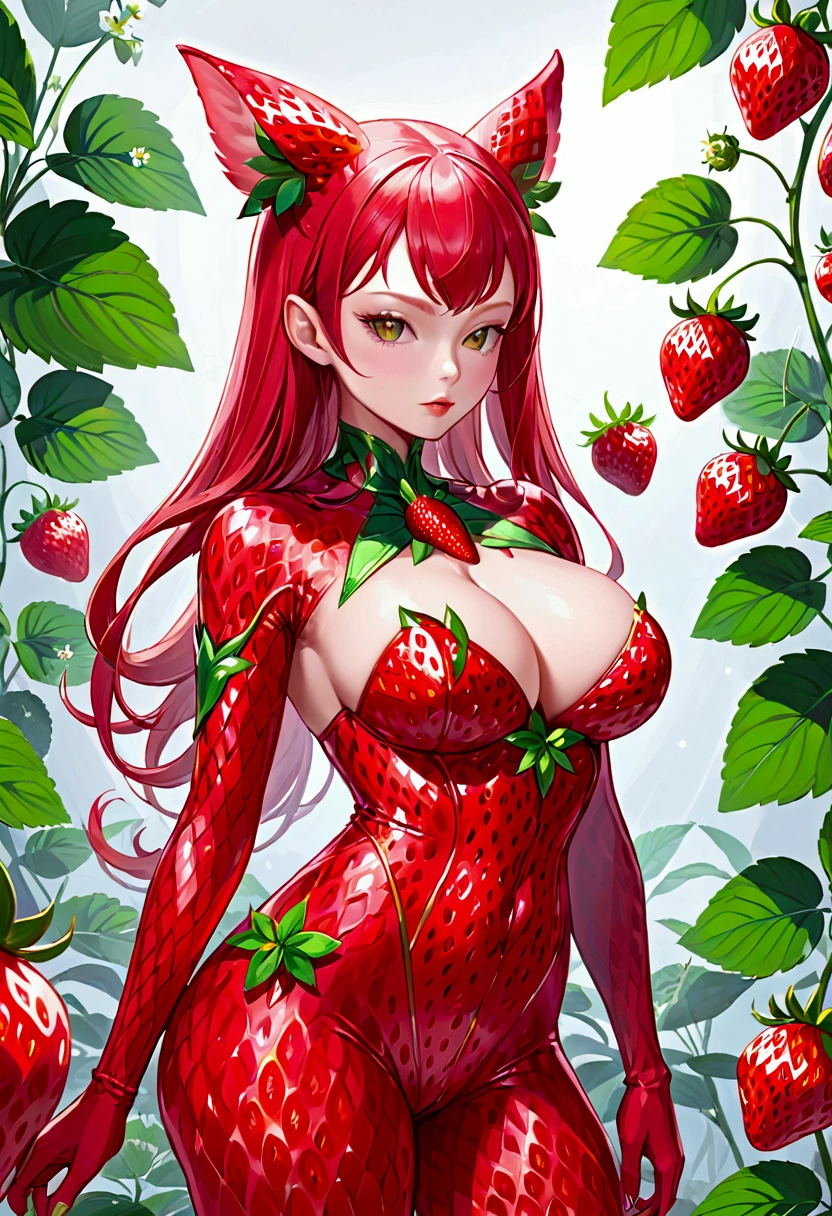 Strawberry alien with strawberry-like skin catsuit, big breasts