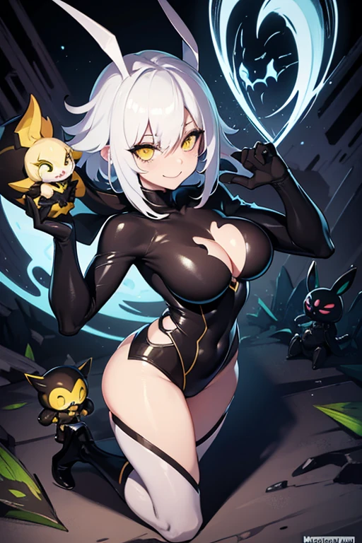 League of legends character riven in venom suit, white hair, yellow eyes, black suit, black bunny suit, venom suit, looking to the camera, smile, holding the camera, sexy body, hentai face, hentai expression, heart eyes, hentai eyes, eyes iris in heart shape,