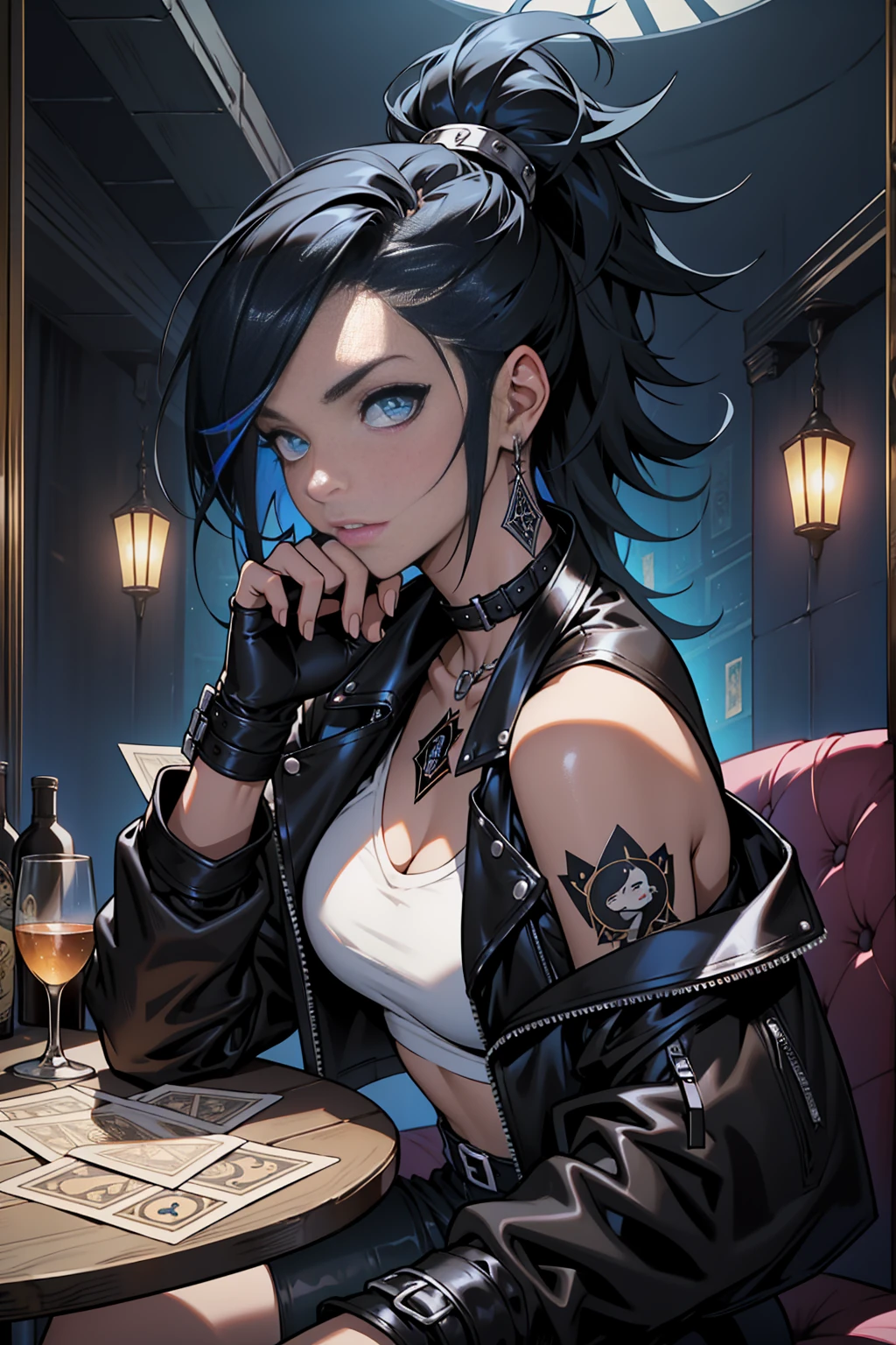 Goth girl, 1girl, solo, punk hair style, messy medium hair, black hair with a blue streak, blue in hair, blue eyes, clear skin, wearing make-up, medium breasts, fangs, vampire, wearing a black leather jacket, wearing a small white top, black fingerless gloves, holding a deck of tarot cards, sitting at table, dim lighting, night time, inside a tavern, tarot cards on table