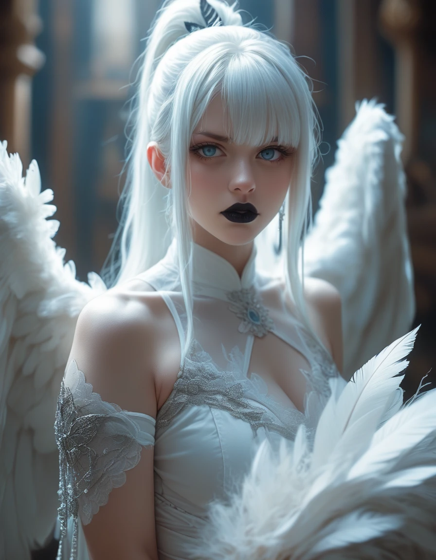 Digital illustration featuring a female character with a fantasy theme. The subject has pale skin and long, white hair styled in a high ponytail with bangs covering her eyes. She has black lipstick and a serious expression. The character is depicted with white, feathered wings and is wearing a white outfit adorned with feather-like details around the neckline and shoulders. The background is a soft gradient of light blue and gray, adding to the ethereal and otherworldly atmosphere of the image. In the bottom right corner, a signature written in fire reads "ArtVision1999", adding a touch of whimsy and mystery to the overall design.