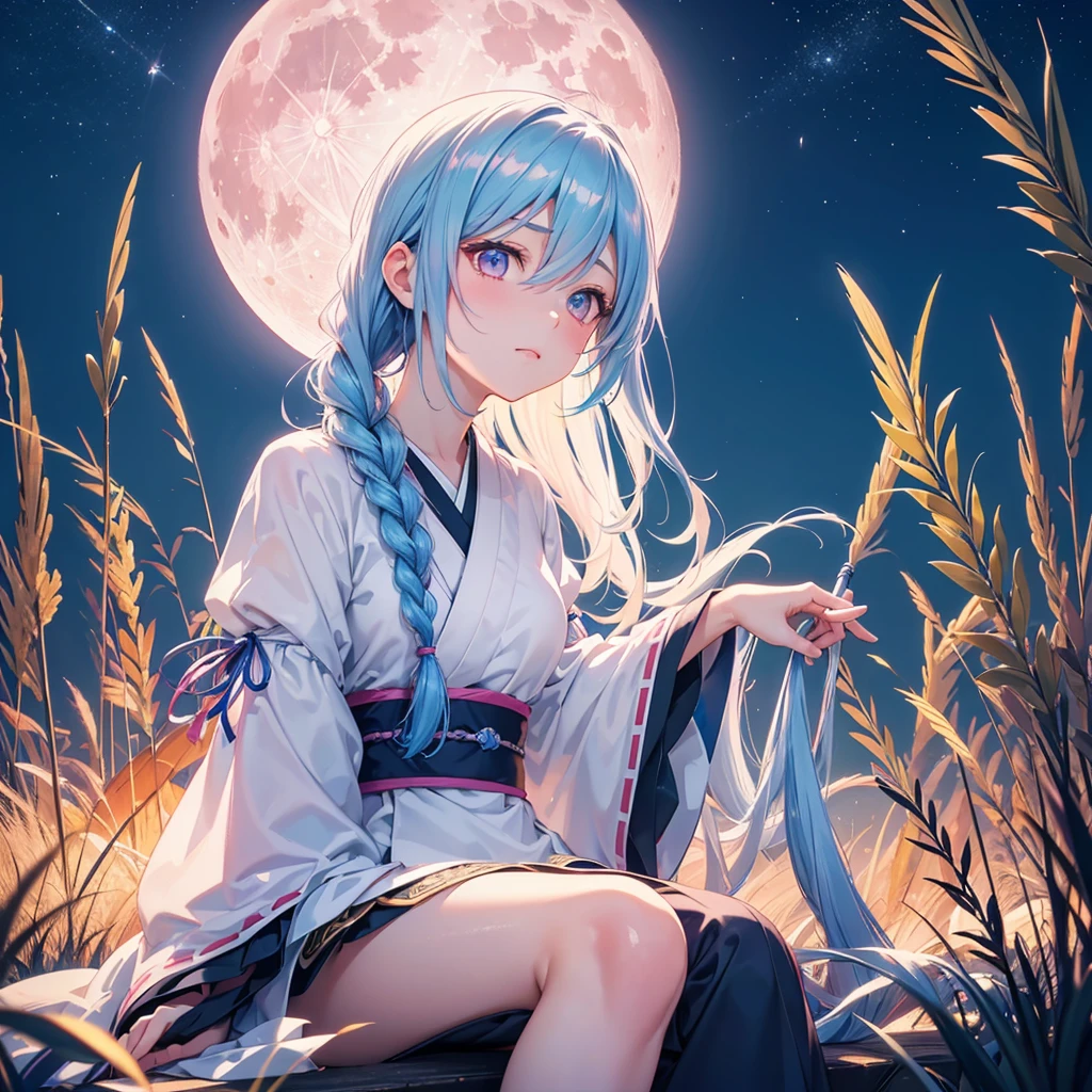 Sky blue hair, (Braided medium hair:1.2), (Pink eyes),Fair skin ,(whole body),(One Girl),(White sweet dumplings ),White round dumplings,Japanese pampas grass,(beautiful, Full moon shining in the night sky),(masterpiece, Highest quality, Very detailed, Best Shadow), (Detailed Background), (Beautifully detailed face), High Contrast, (Best lighting, Very delicate and beautiful), ((Cinematic Light)), colorful, Hyper Detail,8k, Dramatic Light, Intricate details,Sit and look at the moon,