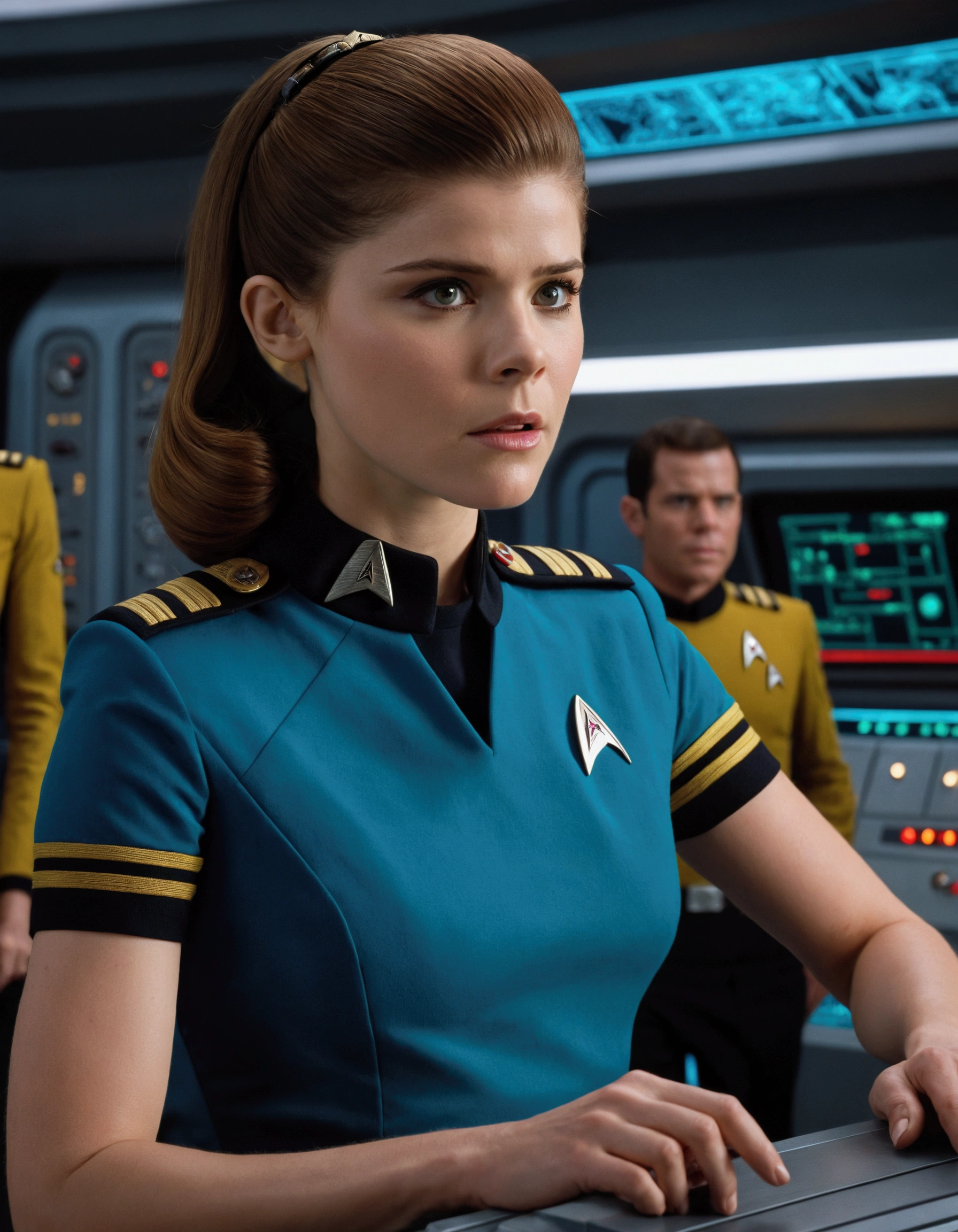 a young woman, Kate Mara, age 25, wearing a short skirt uniform, Yeoman on the 60s Star Trek Enterprise, delivering a message to Captain Kirk on the bridge, detailed face and expression, beautiful eyes and lips, long eyelashes, intricate details, cinematic lighting, 8k, photorealistic, sci-fi, dramatic lighting, vibrant colors