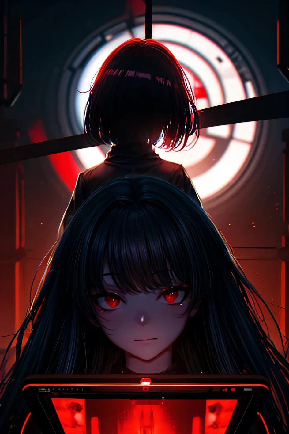 a masterpiece, a woman with red eyes stands in front of a window, beautiful eyes are visible on a large monitor screen in the background, a girl in the center, a silhouette of a girl in the center, red lighting, red eyes, blood, detailed, luminous, dim room, lighting from screens, monitor panels that depict girls, on monitor panels eyes are visible, many eyes.
