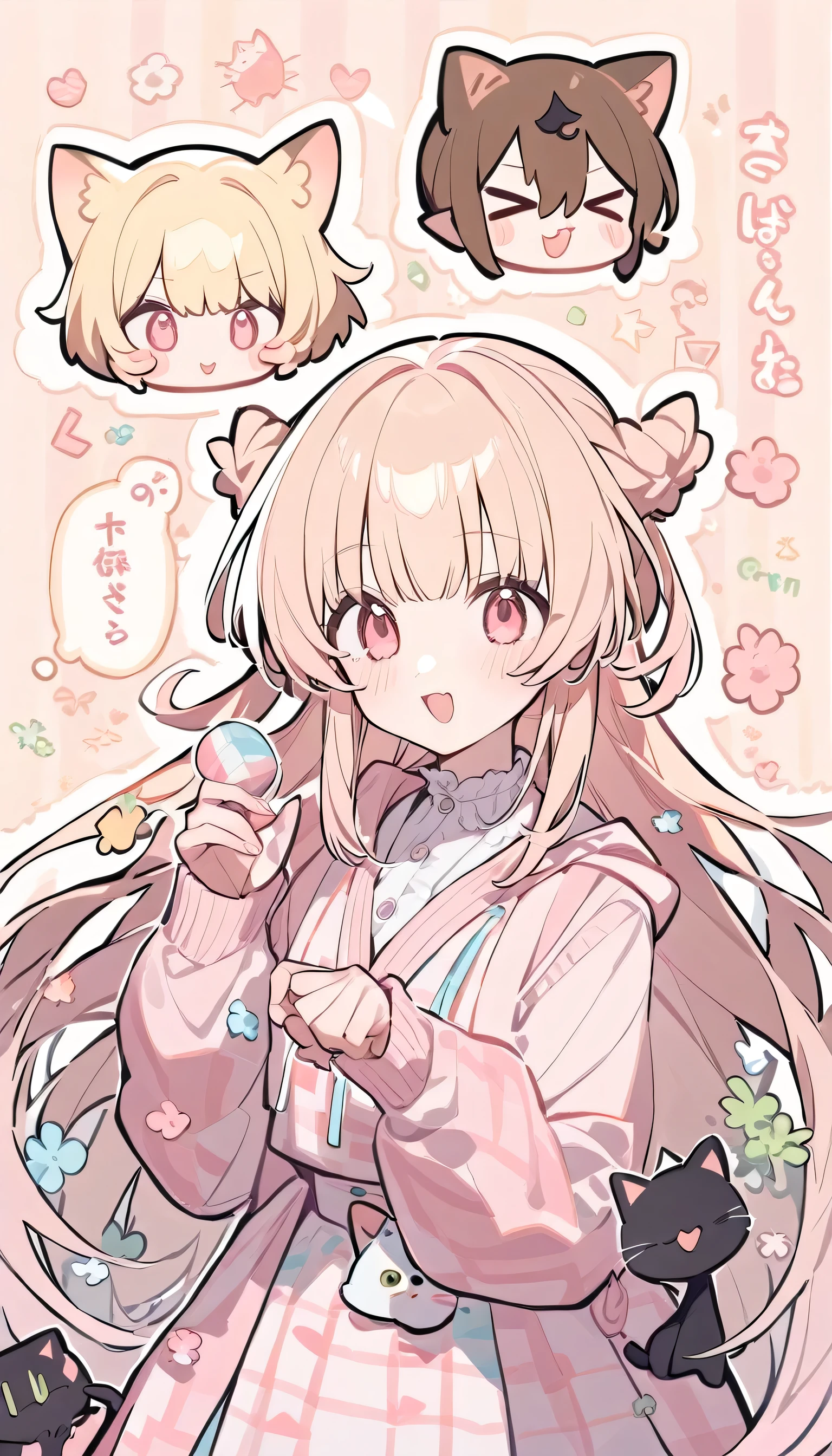 Popular Girl, Blonde, Pastel pink color. And a cunning cat boy with long brown hair.