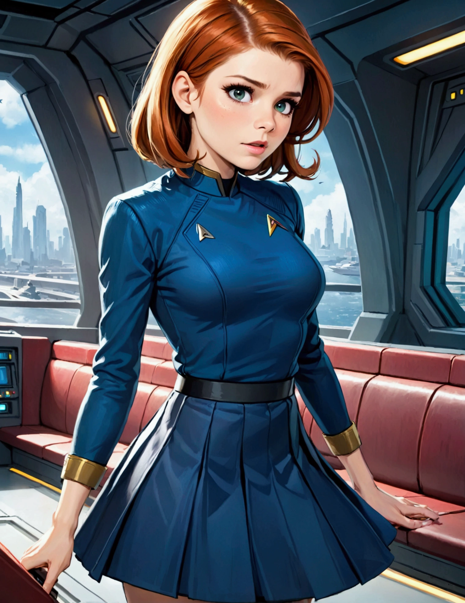 Kate Mara, age 25, short skirt Yeoman on the 60s Star Trek Enterprise. She is bringing a message to Captain Kirk on the bridge.