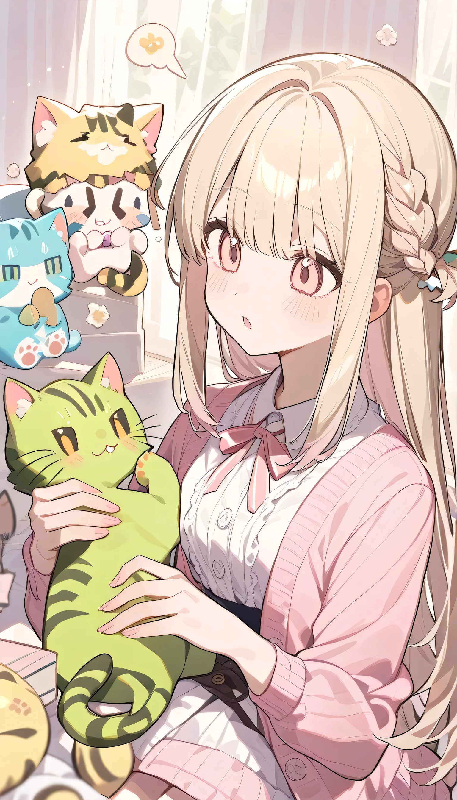 Popular Girl,  Blonde,  Pastel pink color.  And a cunning cat boy with long brown hair. 