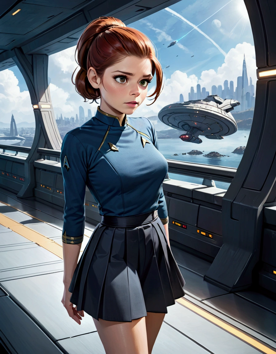 Kate Mara, age 25, short skirt Yeoman on the 60s Star Trek Enterprise. She is bringing a message to Captain Kirk on the bridge.