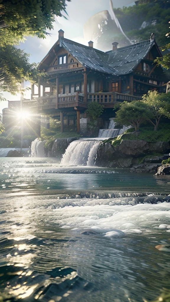 (logo、amazing、8K、table top、Raw photo、amazing、最high quality、フォトリアリスティックかつvery detailed、CG、high quality、very detailed、story poem、Particle Effects、Dynamic Effects、Text Boundary Depth、Cinematic Light、Lens flare、ray tracing、tabletop、real、ultra hd、fantasy）、beautiful water、splash of water、flow of water、Water swell、fantastic beauty、透き通ったgreenい水の美しさと輝き、The tranquility and beauty of water、wonderfulWind景、Beautiful natural water、green、Wind、wonder、wonderful