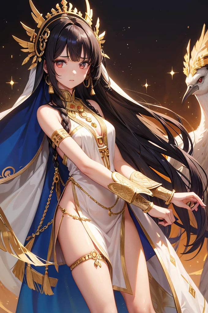 all intricate details, Sexy angle. Nefertari: It has an elegant and regal appearance. Her long, dark hair is braided with golden beads and adorned with ostrich feathers.. He wears a white linen tunic with gold embroidery and a royal blue linen cape.. Phenotype: His almond-shaped eyes are an intense amber color., and his skin is a warm tone, like desert sand, she is brave and strategic. Like a general's daughter, She is committed to protecting her kingdom. isis: It has a mysterious and ethereal appearance. Her snow-white hair flows down her back, and wears a long dress with magical symbols embroidered in gold thread. Phenotype: His skin is pale, almost translucent, and his eyes are a deep blue, like the night sky, She is a calm and thoughtful girl.. as a sorceress, She masters healing magic and is protective of those around her.. Sometimes, his gaze seems to traverse time and space. Amara: Has an adventurous look, Her brown hair is pulled back into a messy ponytail., and wears a silk scarf to protect herself from the desert sun. Phenotype: His green eyes shine with curiosity, and his skin is tanned by the sun, She is curious and brave, as an archaeologist, is fascinated by ancient secrets and forgotten tombs Sekhmet: She is an imposing girl with a perfect and fierce body.. Her flame-red hair is braided with gold beads and adorned with lapis lazuli jewelry.. Phenotype: Her golden eyes seem to reflect the inner fire of her warrior spirit but she is passionate and temperamental so she likes to walk showing her body as much as possible to the point of being naked.. As leader of the rebels, fight oppression with ferocity, She is also a professional seductive girl