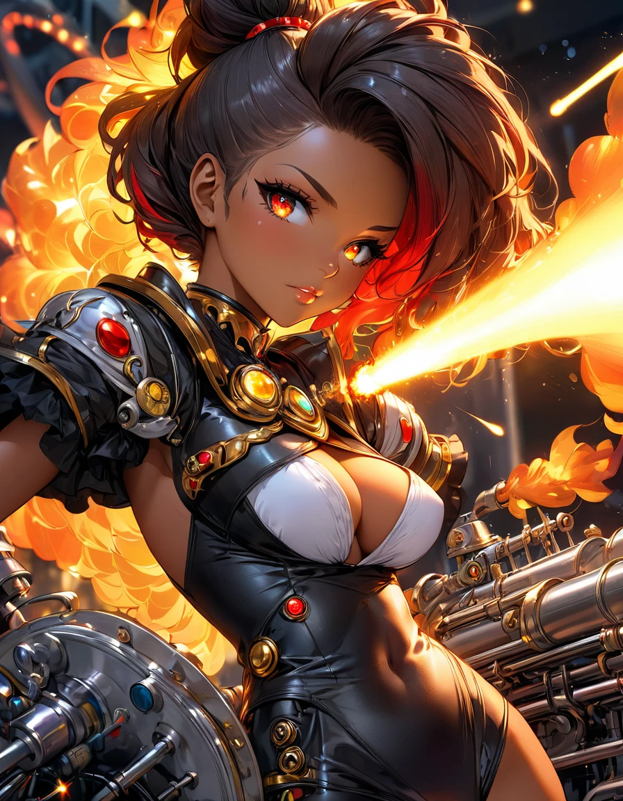 atmosfera oleosa sombria 4D style cat leona sexy picture of a grown-up magical girl sexy cute mature afro face hair afro black + red fire with some puled up into a false ponytail girl is a beautiful dark black theme with glitter and sparkles perfect silver neon eye creating a glamorous and aesthetic effect. sharp focus emitting diodes smoke artillery sparks racks system unit motherboard by pascal blanche rutkowski repin artstation hyperrealism painting concept art of detailed