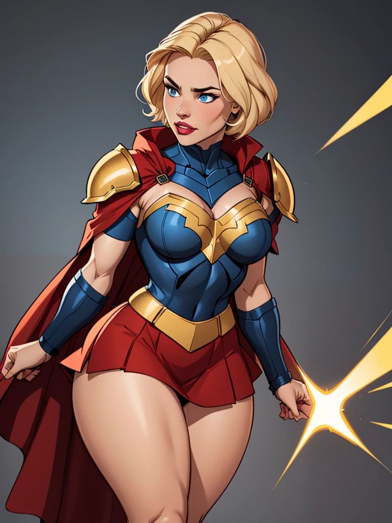 Blonde girl with short hair, blue eyes, wearing paladin armor, blue metal with yellow outline, armor with iron breasts, wearing a red cape and golden shoulder pads, wearing A strappy red skirt, thick thighs, blue metal armor