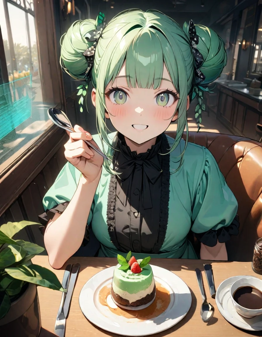 (masterpiece, best quality), (art deco:1.2),
a cook at a high-class restaurant during the roaring twenties,
1girl, solo, (cute), sitting, dynamic pose, full lips, blue eyes, looking at viewer, light smile, full face blush, small breast, (light green hair), long hair, ((intricate patissier uniform, short sleeves)), chocolate spill on face, freckles,
inside kitchen, table, ((small cakes, pastries, desserts on table)), ingredients in background,
absurdres, realistic proportions, good anatomy, pastel colors,