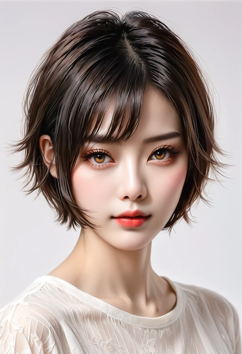 beautiful Japanese woman with short hair , white background