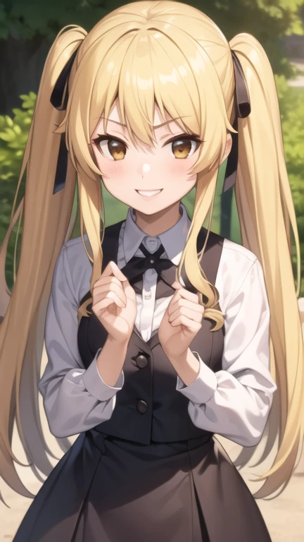 masterpiece, best quality, 1girl, solo, saotome mary, twintails, blonde hair, brown eyes, evil smile, forest