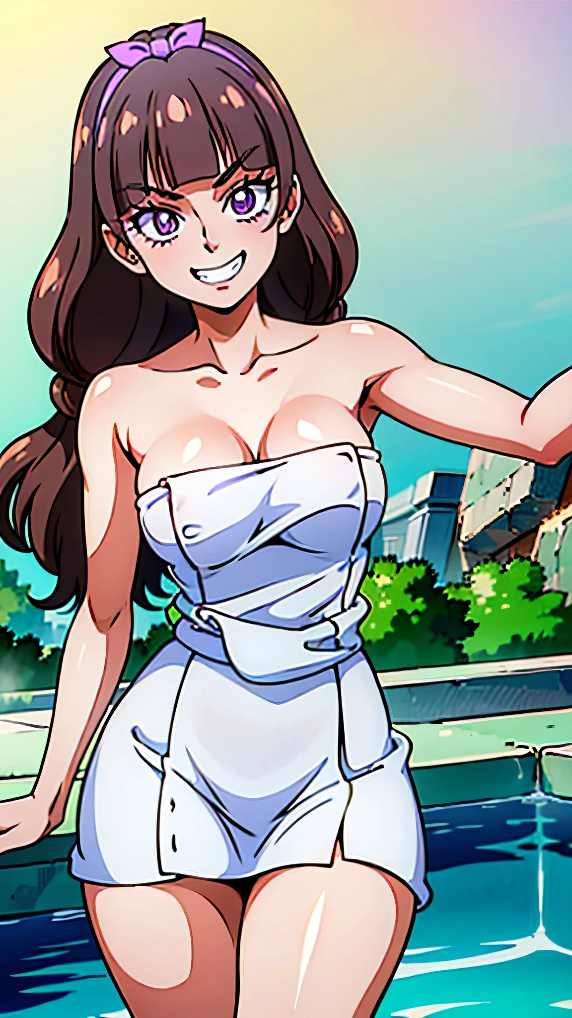 1 girl, (solo), ((amanogawaki)), best quality, highres, high quality, 8k, HD, super detail, anatomically correct, UHD, accurate, (masterpiece:1.2), (high quality:1.0), (ultra detailed), (Adult), (hot spring background), (naked towel), (White Towel), Looking at viewer, (Smug Grin), (Purple Eyes)