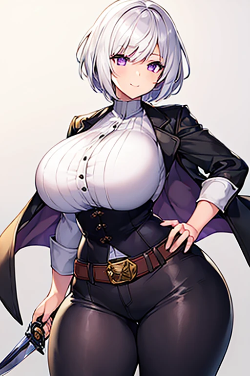 1girl, white hair, very short hair, purple eyes, pixie cut, light smile, breasts, large breasts, thick thighs, hourglass figure, toned, sholder armor, black shirt, shirt, coat, green coat, belt, pants white pants, knife, young face, forest, cropped clothes