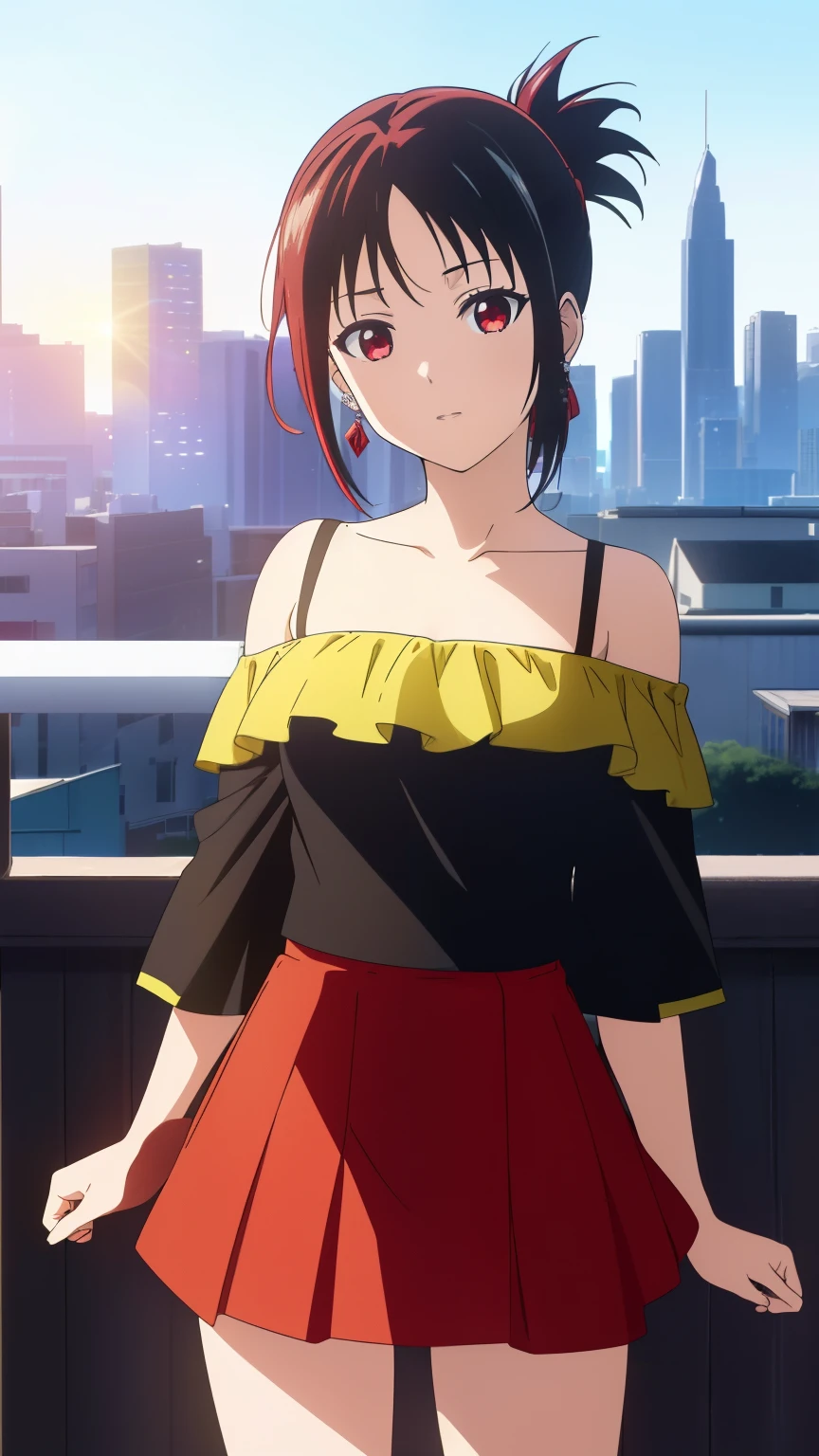 (best quality, masterpiece, 8k:1.2), (anime:1.2), detailed, Shinomiya Kaguya,1girl, solo, (black hair:1.2), side Lock, red eyes, short hair, folded ponytail, red hair ribbon, eye light, small medium breasts, (lime green off-the-shoulder, miniskirt, earrings, city:1.2),
Definition CG Unity, Perfect lit, bright_front_face_lit,Super detailed, photograph, 8K, nffsw, High resolution, (absurd:1.2), kodak portrait 400, film grain, Lens flare, (lively_color:1.2), looking at the viewer, (cowboy shot:1.2), dynamic angle, 