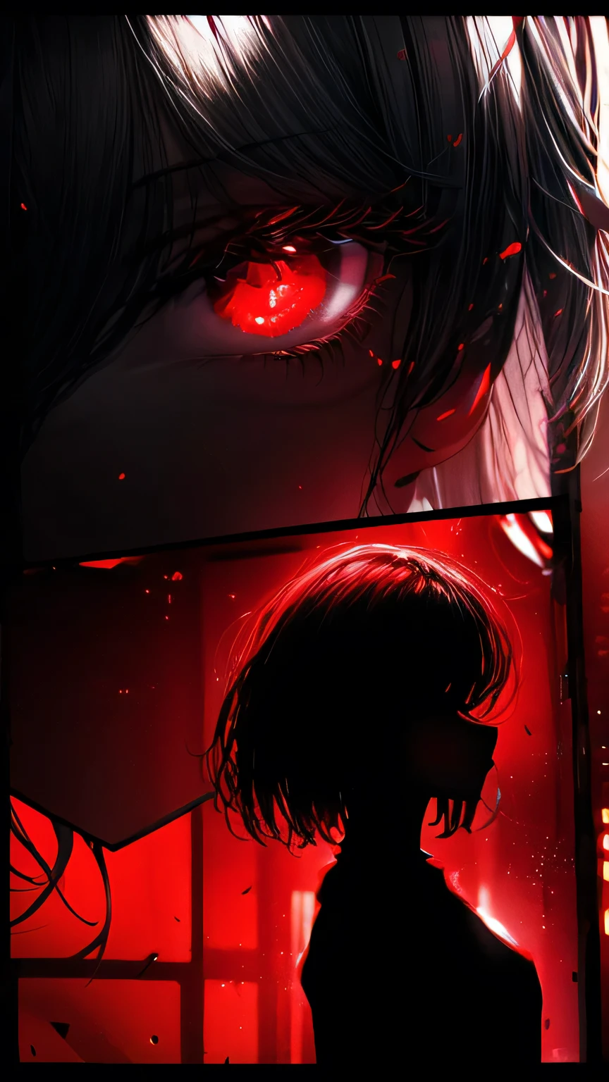 a woman with red eyes stands in front of a window, beautiful eyes are visible on a large monitor screen in the background, A girl in the center, a silhouette of a girl in the center, red lighting, glowing red eyes, a dim room, lighting from screens, monitor panels that depict girls, eyes are visible on monitor panels.