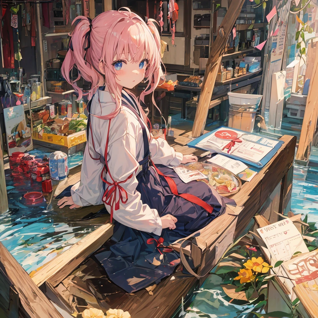 One girl, bionde, ribbon, Twin tails,gauze, Light blush, I want to cry, Anime Style, Food, Young Girl,Shy, cute,shame,Ahoge, ribbon hair accessory, younger sister,Japanese style