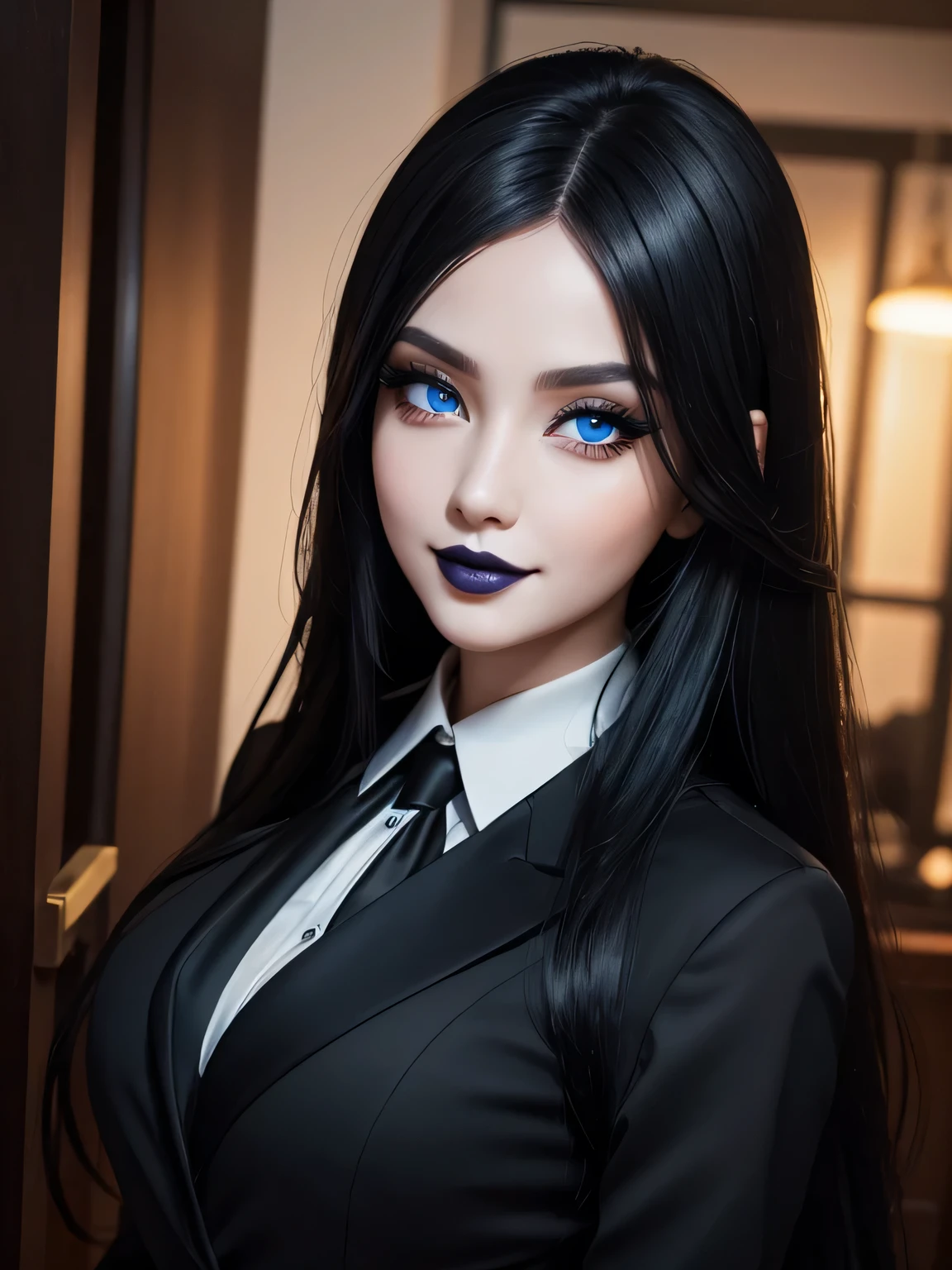 Portrait, beautiful goth office assistant with long black hair, wearing professional office attire, mesmerizing blue eyes, black lipstick, fair complexion, hourglass figure, symmetrical figure, highly detailed face, beautiful face, lush lips, smiling, alluring, realistic 8k background
