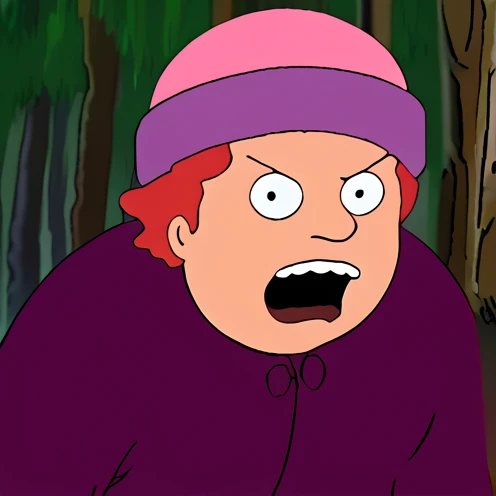 pink hair, curly hair, medium hair, mole under mouth, red eyes, devil pupils, purple beanie, red jacket, screaming running, Dark Forest