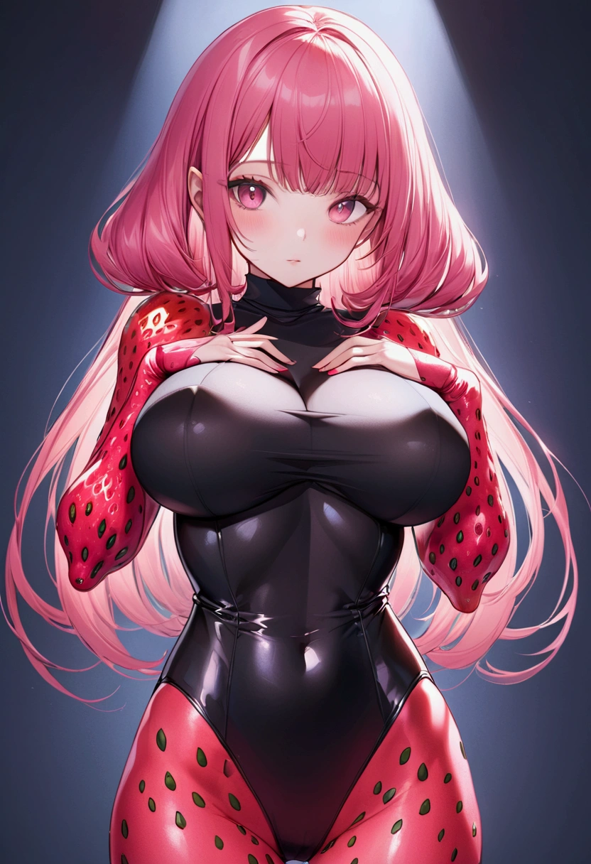 Strawberry alien with strawberry-like skin turtleneck leotard, big breasts