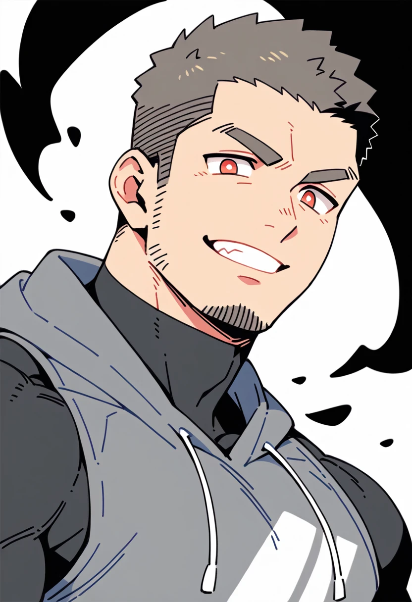 anime characters:Priapus, Black Black Skin Muscle Sports Student, Manliness, Buzz Cut,male focus, Sports tight hooded sweatshirt, Under Armour Brand, Wear a high-necked tights underneath, Very tight, Huge pectoral muscles, muscular male, muscular, only, Upper body, alone, Red short hair, Thick eyebrows, Stubble, Brown-red pupils, White background, Solid color background, Clean background, simple background, amazing quality, best aesthetics, Ridiculous, crew cut, smirk, bright pupils, grin, negative space, negative space, best quality