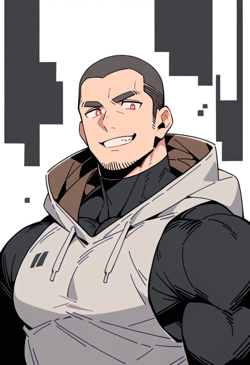 anime characters:Priapus, Black Black Skin Muscle Sports Student, Manliness, Buzz Cut,male focus, Sports tight hooded sweatshirt, Under Armour Brand, Wear a high-necked tights underneath, Very tight, Huge pectoral muscles, muscular male, muscular, only, Upper body, alone, Red short hair, Thick eyebrows, Stubble, Brown-red pupils, White background, Solid color background, Clean background, simple background, amazing quality, best aesthetics, Ridiculous, crew cut, smirk, bright pupils, grin, negative space, negative space, best quality