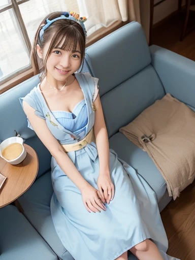 Japanese female, (underweight), (flat chest best quality:1.5), (cheerful grin:1.5),
cafe, maid, delightful, walking, (light blue maid), Japanese, Enjoyable Scene, with a sofa, with a table, full body shot, birds-eye view