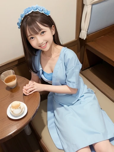 Japanese female, (underweight), (flat chest best quality:1.5), (cheerful grin:1.5),
cafe, maid, delightful, walking, (light blue maid), Japanese, Enjoyable Scene, with a sofa, with a table, full body shot, birds-eye view