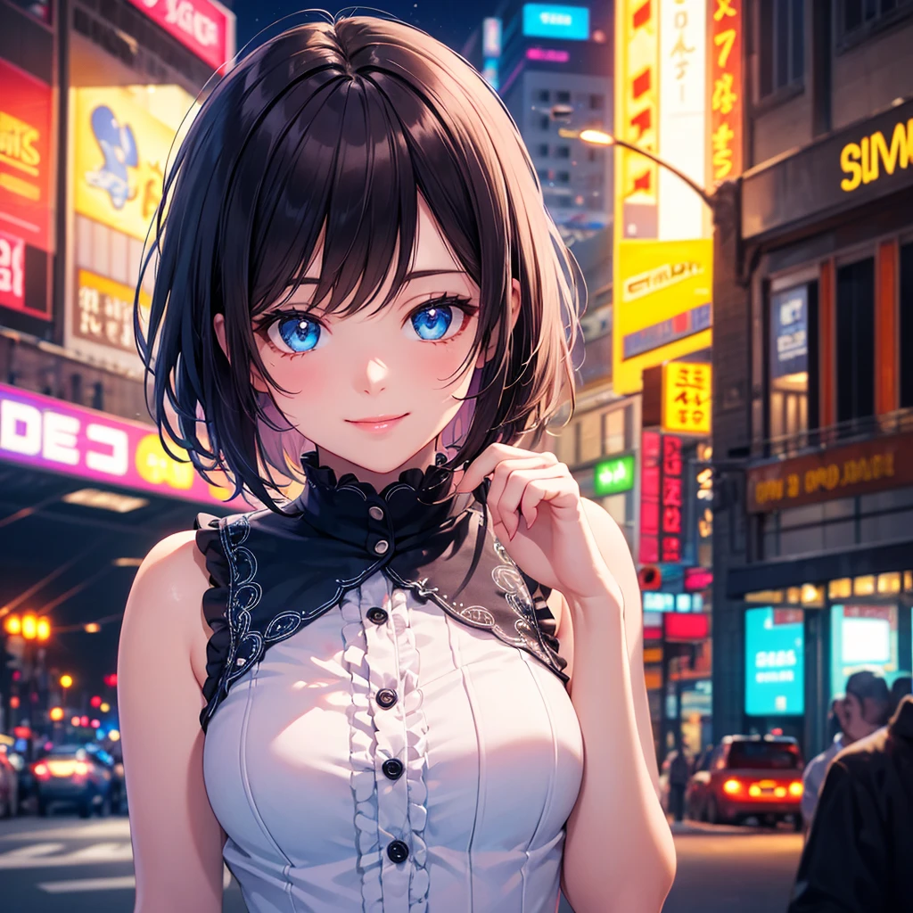 Top quality, realistic, night city, neon lights, backlit, upper body, focus on lips, (1 adult female), small breasts, short hair, glossy pink lips, closed mouth, sexy pose, blue topaz eyes, slanted eyes, smiling face, detailed embroidery, sleeveless shirt, ruffles,