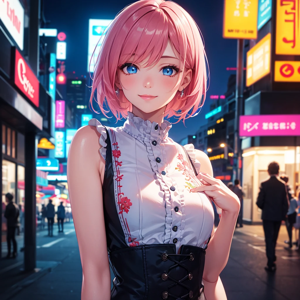 Top quality, realistic, night city, neon lights, backlit, upper body, focus on lips, (1 adult female), small breasts, short hair, glossy pink lips, closed mouth, sexy pose, blue topaz eyes, slanted eyes, smiling face, detailed embroidery, sleeveless shirt, ruffles,