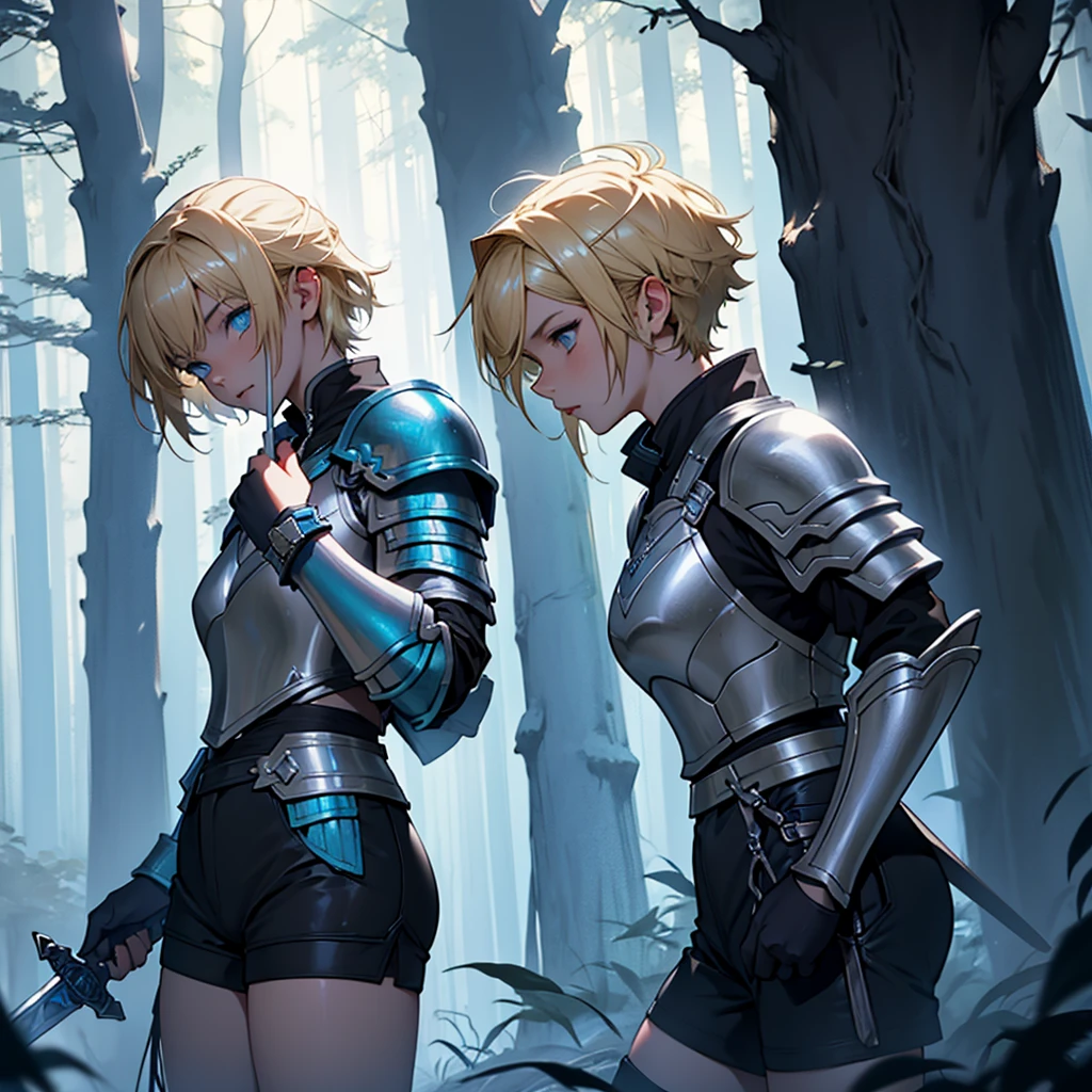 Make a girl with short blonde hair and blue eyes wearing light blue armor with black shorts underneath licking the tip of a sword in a forest at night in dark fantasy aesthetic