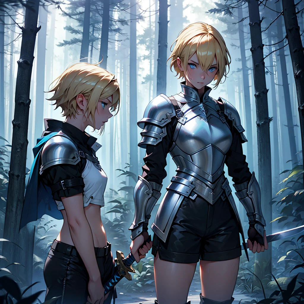 Make a girl with short blonde hair and blue eyes wearing light blue armor with black shorts underneath licking the tip of a sword in a forest at night in dark fantasy aesthetic