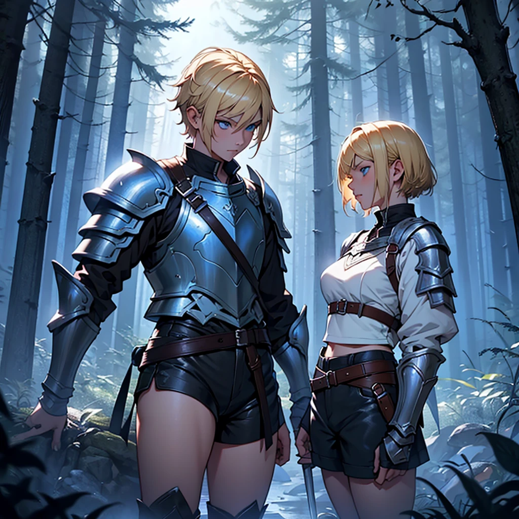 Make a girl with short blonde hair and blue eyes wearing light blue armor with black shorts underneath licking the tip of a sword in a forest at night in dark fantasy aesthetic