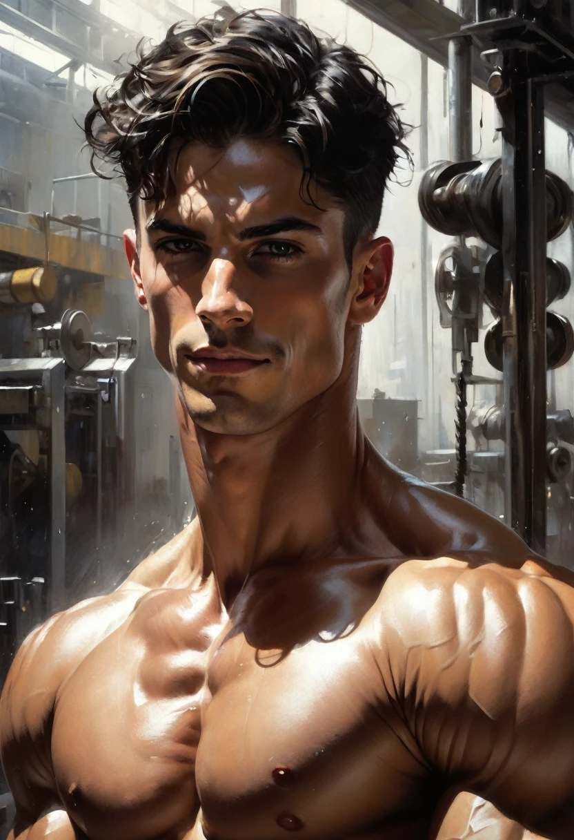 3.	4.	Industry: Factory
o	Background: Inside a factory with heavy machinery.
o	Leg Position: Spread apart, in a stable stance.
o	Arm Position: One arm lifting a piece of machinery, the other resting on a machine.
o	Action: Installing a part.
o	Color Palette: Grays and metallics.
o	Facial Expression: Focused and serious.
o	Model’s Facial and Physical Characteristics: Serious face, strong and athletic.

generate the image with atmosphere of enthusiasm (( Highlight the rippling muscles smiling, their bodies glistening with droplets. The focus should be on the men's powerful physique, the background should be blurred to create a sense of movement and energy. evoking the strength, symmetry, beauty of the male body.)) by Aaron Horkey and Jeremy Mann, masterpiece, best quality, Photorealistic, ultra-high resolution, photographic light, illustration by MSchiffer, fairytale, Hyper detailed A mixture of photography and painting, simetryc Composition, Perfect Divine Proportione, 8k resolution fullbody image, oil painting intense dark colors palette A young man, white skin, latino, smoth body, thin face, straight nose, thin lips, square chin, large light black eyes, short black wavy hair, in roberto ferri style, aesthetic slim athletic body, realistic skin, gorgeous, detailed tonned muscles, barefoot, perfect anatomy, muscled fitness body, Young man, perfect anatomy, , energetic splendid, Barefoot, naked, small flacid penis, slim and detailed muscles, shirtless, pantless, fullbody, wearing sandals, the composition of shadows and lights give an atmosphere of spaciousness, Intense Look at a fancy room: