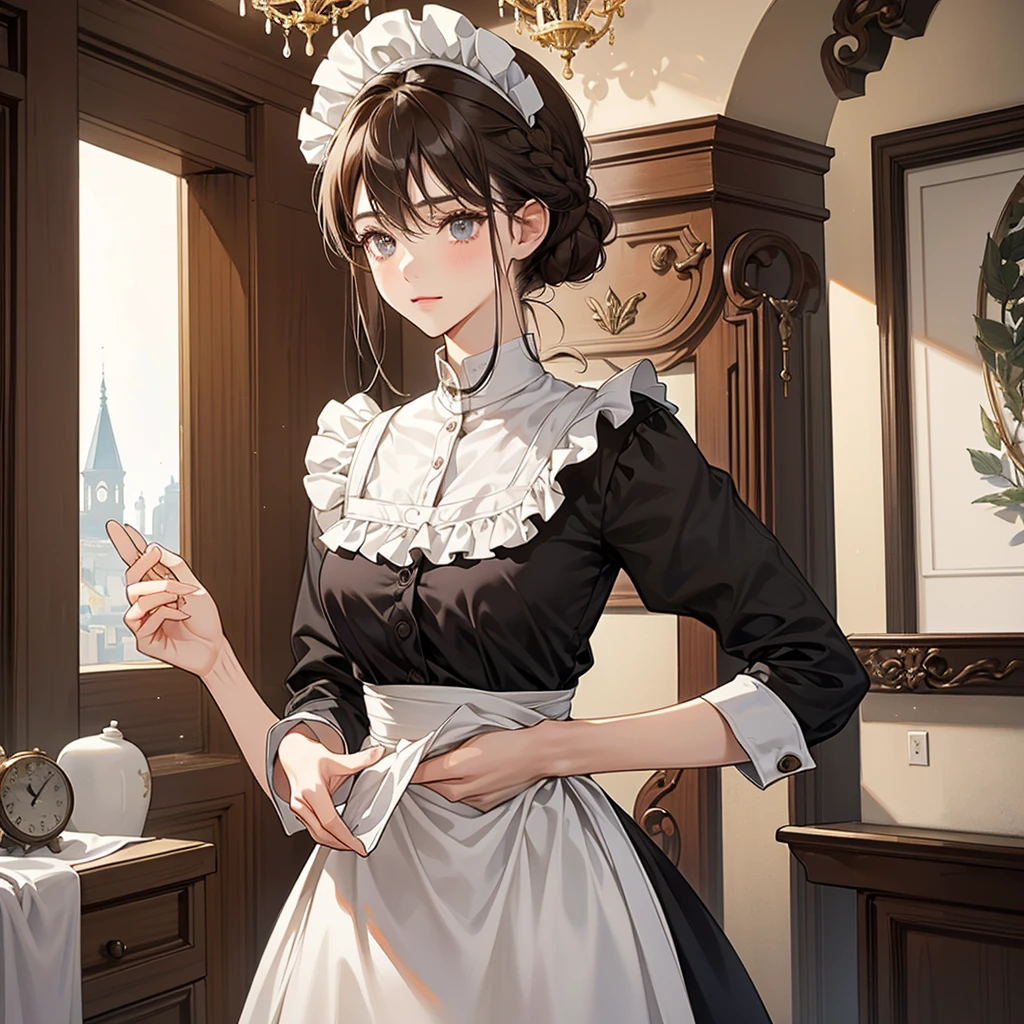 character (Maid):
hair: Dark brown, collected in a simple or braided bun, with some loose strands for a natural touch.
eyes: warm browns, expressive and friendly.
Expression: Friendly and helpful, with a soft smile.
outfit: Maid uniform of the period, composed of a long and simple dark-colored dress (like gray the black), with a clean white apron and a white cap on his head.
Accessories: Maybe a key hanging from your waist, symbolizing your responsibility in the house.
bottom: An old mansion atmosphere, with elegant decorations and noble details such as chandeliers and tapestries.