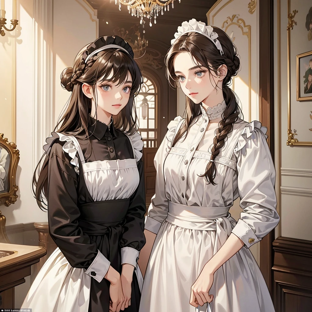 character (Maid):
hair: Dark brown, collected in a simple or braided bun, with some loose strands for a natural touch.
eyes: warm browns, expressive and friendly.
Expression: Friendly and helpful, with a soft smile.
outfit: Maid uniform of the period, composed of a long and simple dark-colored dress (like gray the black), with a clean white apron and a white cap on his head.
Accessories: Maybe a key hanging from your waist, symbolizing your responsibility in the house.
bottom: An old mansion atmosphere, with elegant decorations and noble details such as chandeliers and tapestries.